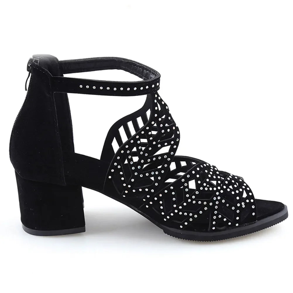 2022 New Style Women Summer Hollow Out Faux Leather Rhinestones Thick Heel Zipper Sandals Shoes Eur 35-41