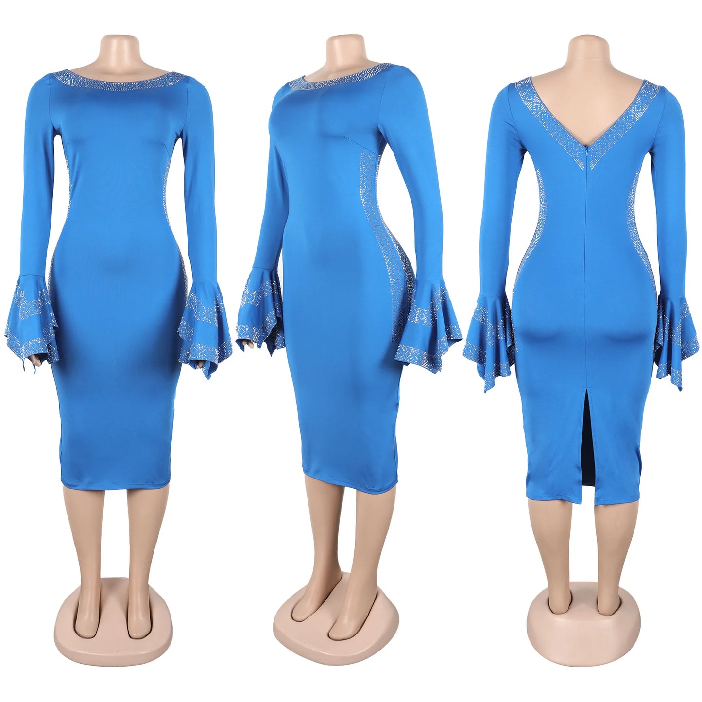 CM.YAYA Women O-neck Elegant Long Flare Sleeve Rhinestones Midi Dress 2025 OL Pencil Streetwear Africa Club Dresses Vestidos