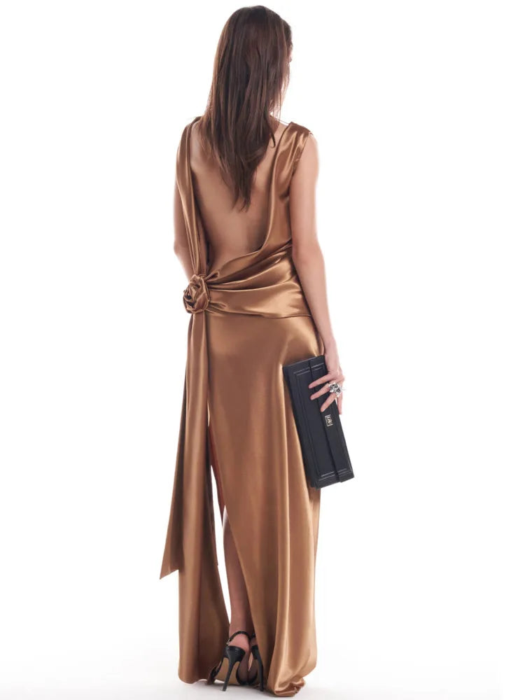 Mozision Satin Backless Sexy Maxi Dress For Women Elegant Rose Thigh High Split Beach Holiday Long Dress Gorgeous Club Gown