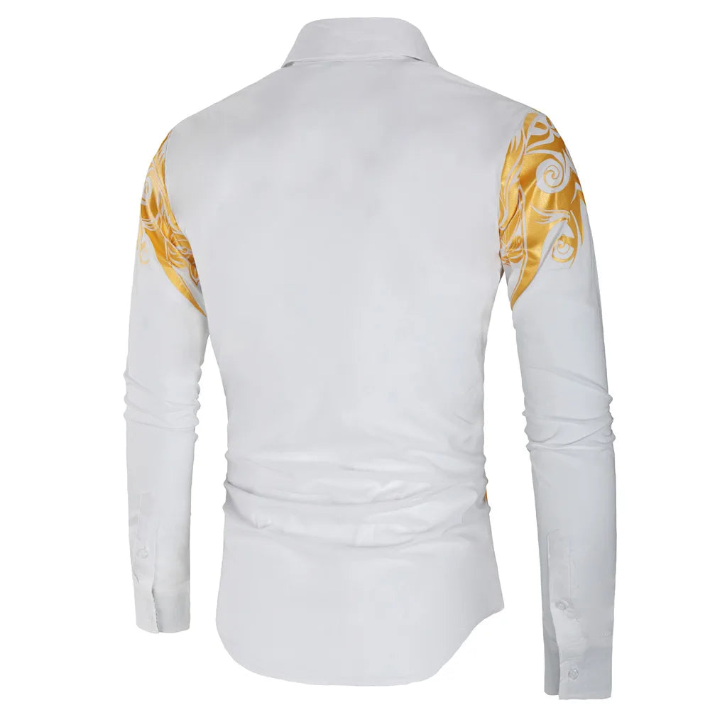 2024 Men's Brand Shirt, Luxury Gold High Quality Long Sleeve Shirts, Business White Black Men Dress Prom Social Print Shirts