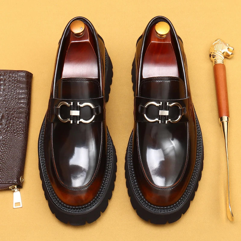 cow leather British loafers men glossy leather business casual Heightenin shoes non slip tire soles dress shoes Round toe shoes