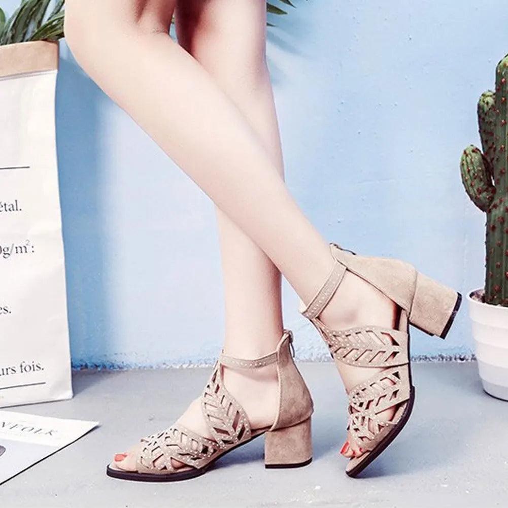 2022 New Style Women Summer Hollow Out Faux Leather Rhinestones Thick Heel Zipper Sandals Shoes Eur 35-41