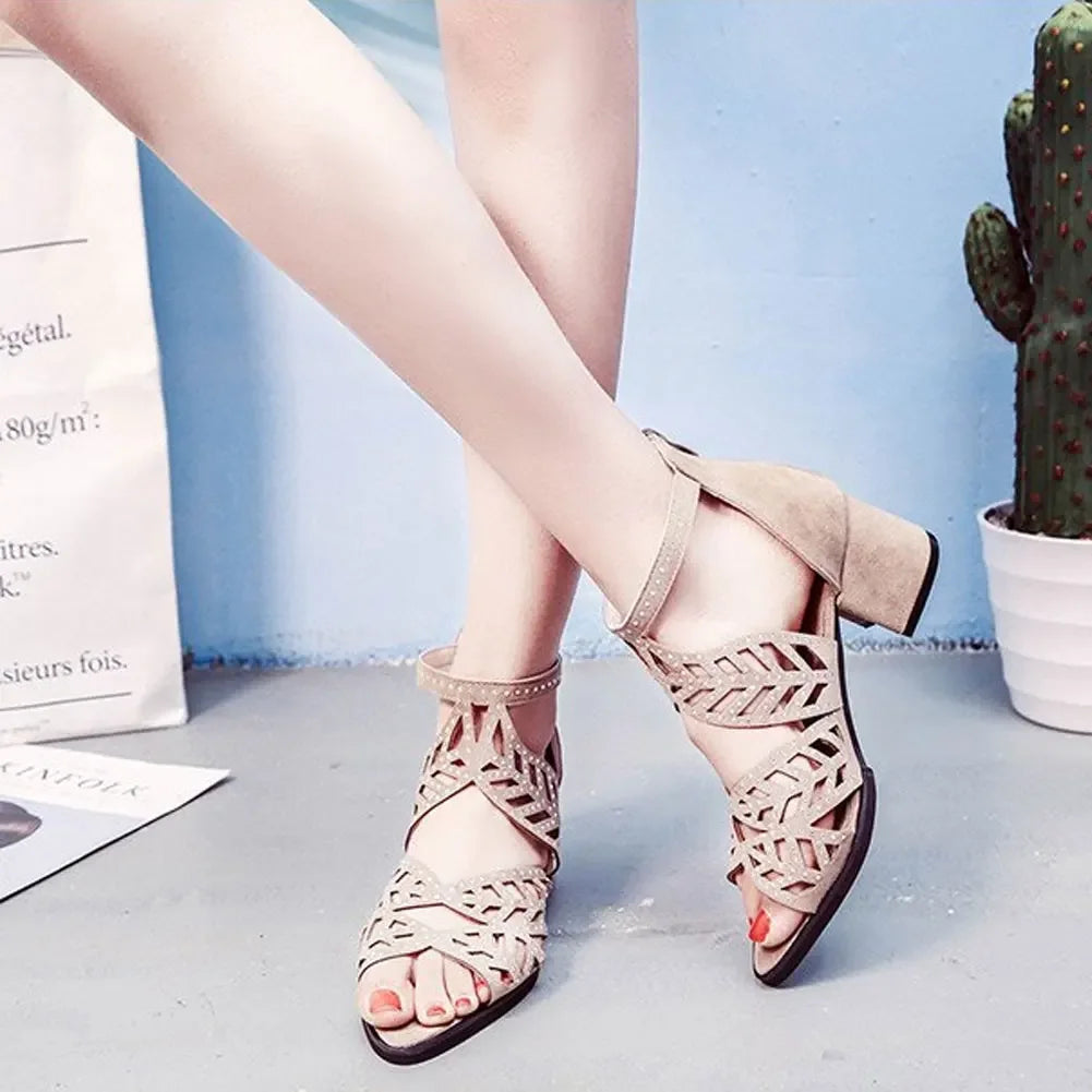 2022 New Style Women Summer Hollow Out Faux Leather Rhinestones Thick Heel Zipper Sandals Shoes Eur 35-41
