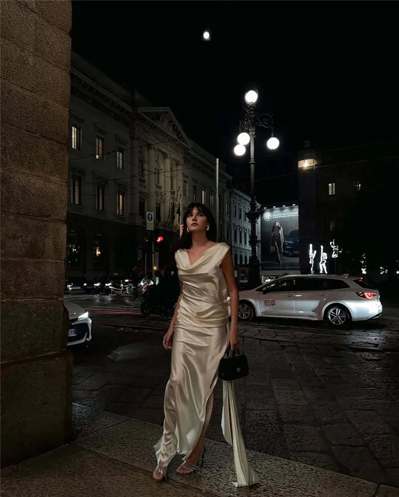 Mozision Satin Backless Sexy Maxi Dress For Women Elegant Rose Thigh High Split Beach Holiday Long Dress Gorgeous Club Gown