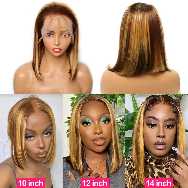 200% 16 Inch Highlight Short Bob Wigs 13X6 Straight Hd Lace Front Ombre Brown Frontal Glueless Bob Wig Human Hair Ready to Wear