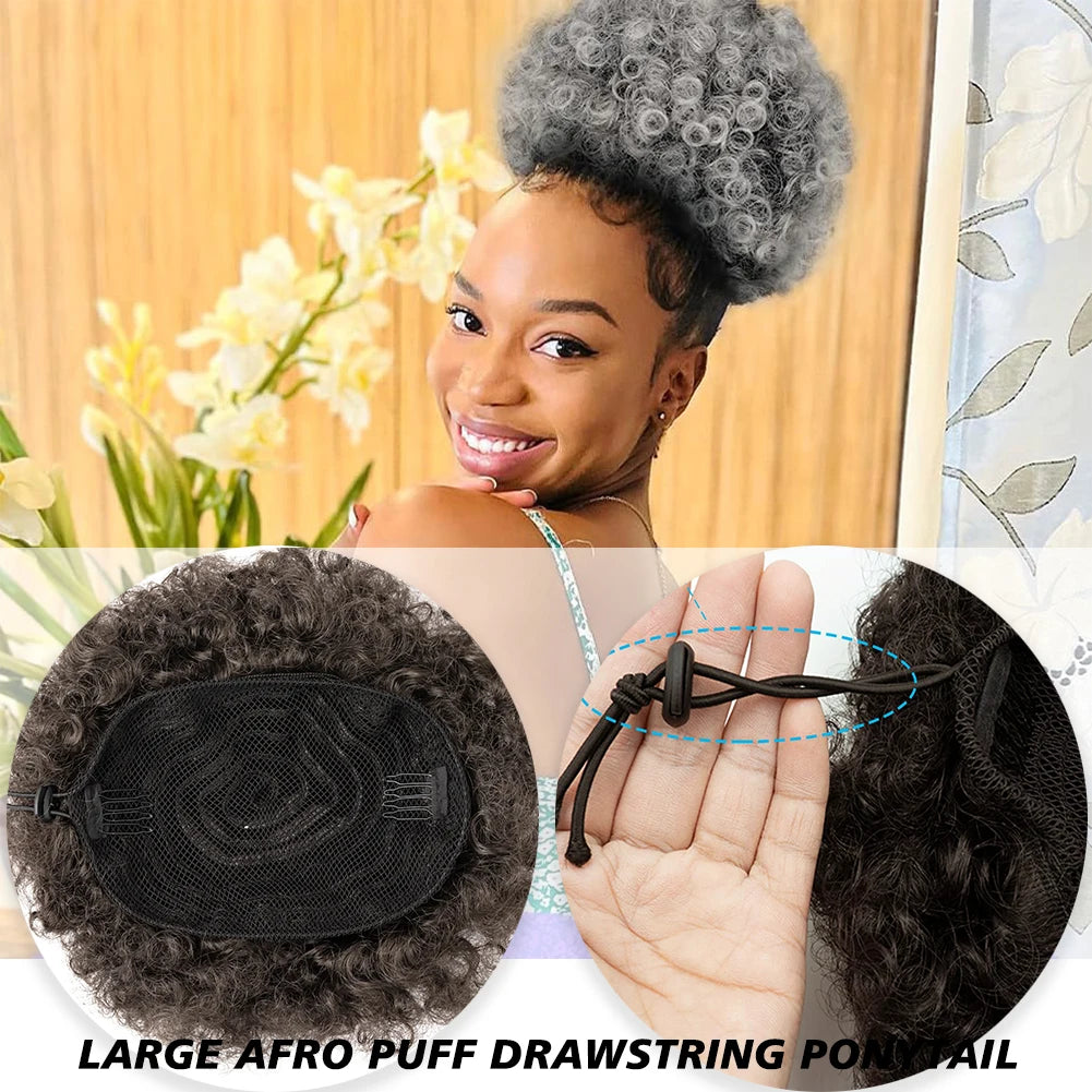 Afro Puff Drawstring Ponytail Extension for Black Women, Black Short Synthetic Afro Puff Ponytail for Natural Hair, Clip On Kink