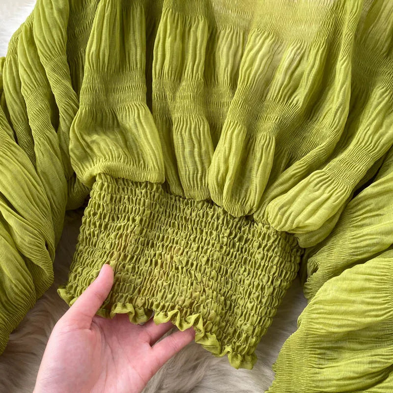 Women Sexy Chiffon Short Blouse Female See Through Super Long Sleeve Blusas Purple/Green/Black/White Folds Party Tops 2022 New