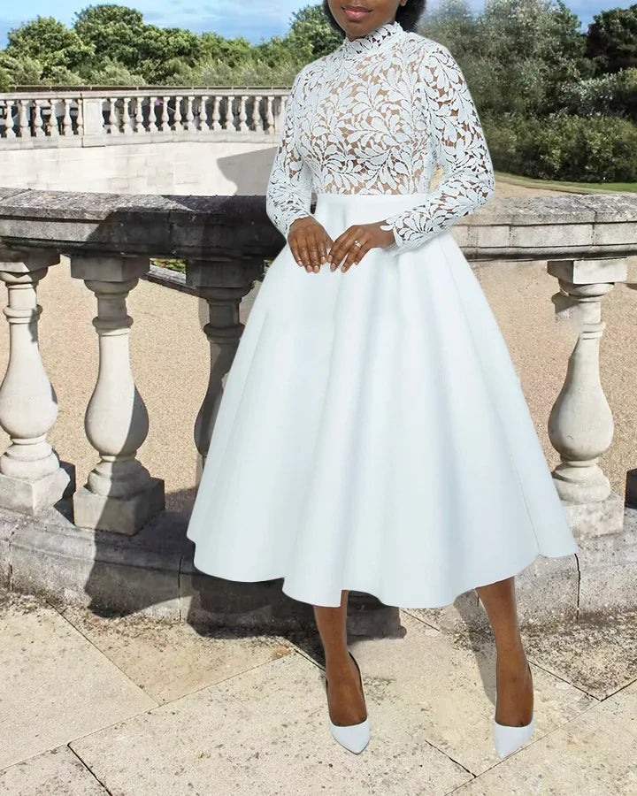 Women Long Dress A Line Dresses Lace Floral Party Night Wedding Mock Neck White Prom Hight Waist Slim Elegant Maxi Vestidos