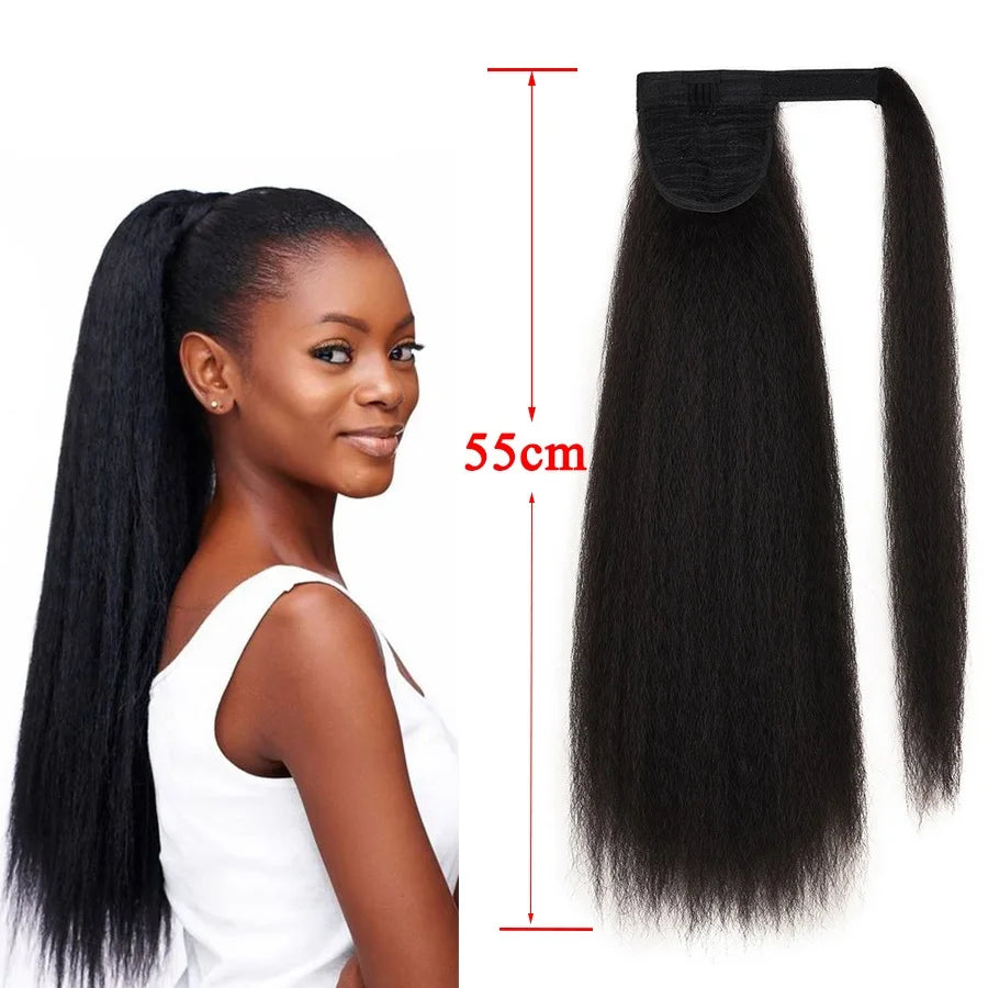 22 Inches Black Kinky Straight Ponytail Extension Synthetic Drawstring Ponytail For Black Women Yaki Pony Tails Hair Extensions