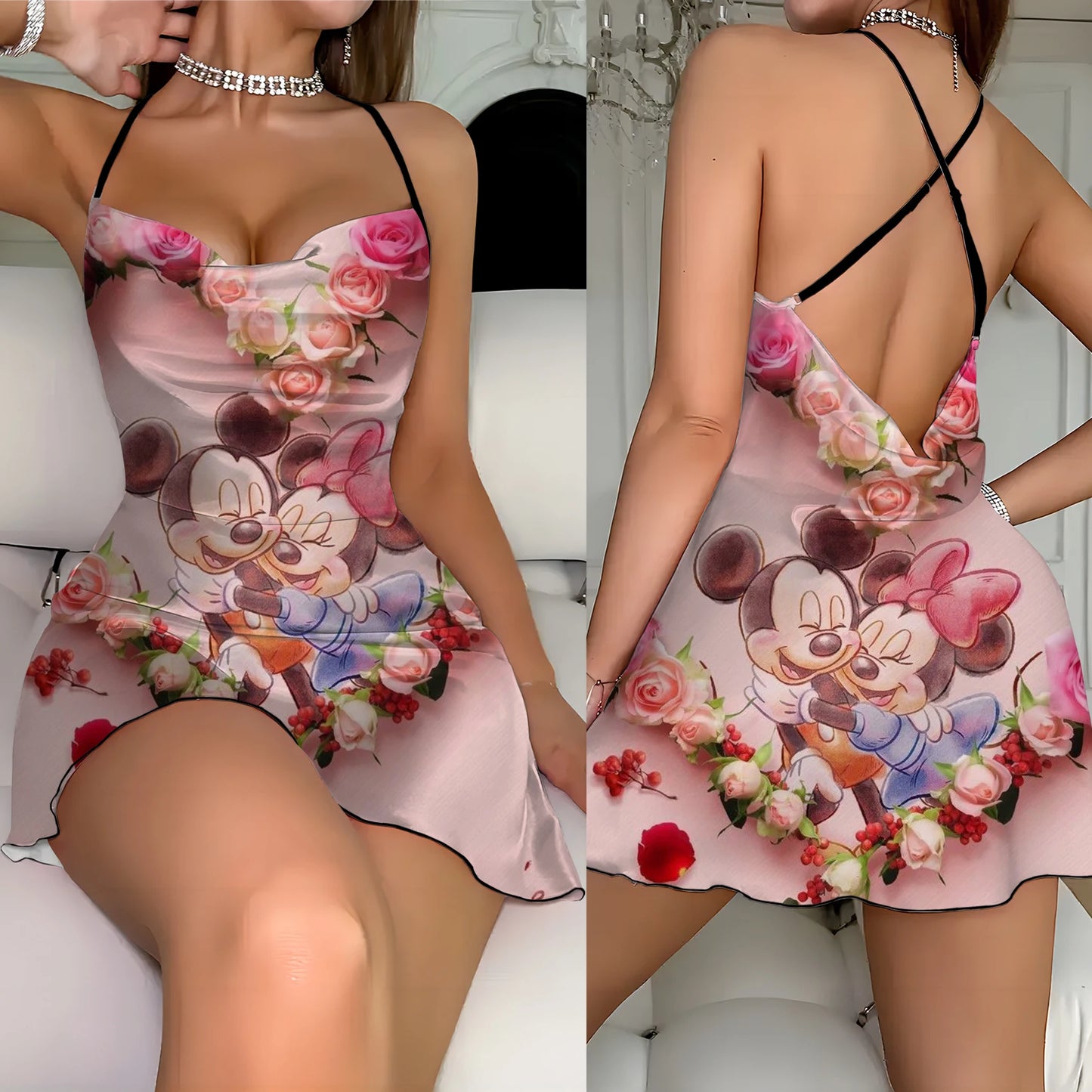 Crew Neck Lettuce Trim Backless Dress Minnie Mouse Mickey Disney Elegant Dresses for Women Fashion Summer 2024 Neck Slip Dress