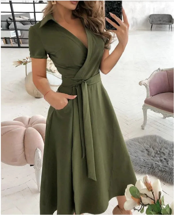 2023 Spring Autumn Dress Women Fashion Solid Slim Pocket Lace Up Dress Women Casual Printed Short Sleeve V-neck High Waist Dress