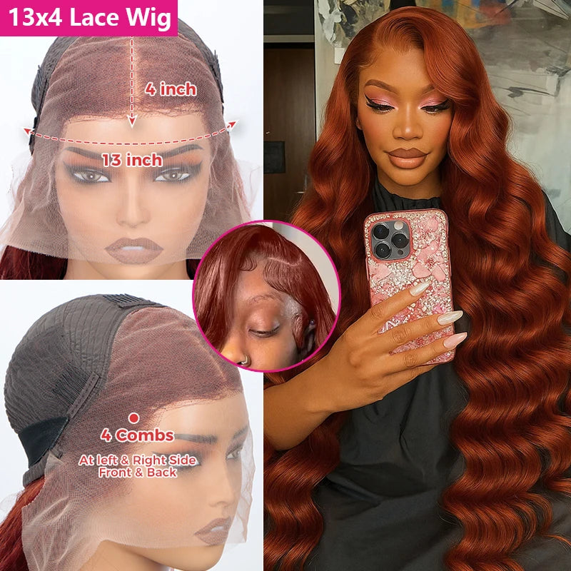 13x4 Reddish Brown Body Wave Lace Frontal Human Hair Wig HD Lace Frontal Wig Human Hair Wig Pre Plucked Brazilian Remy Hair