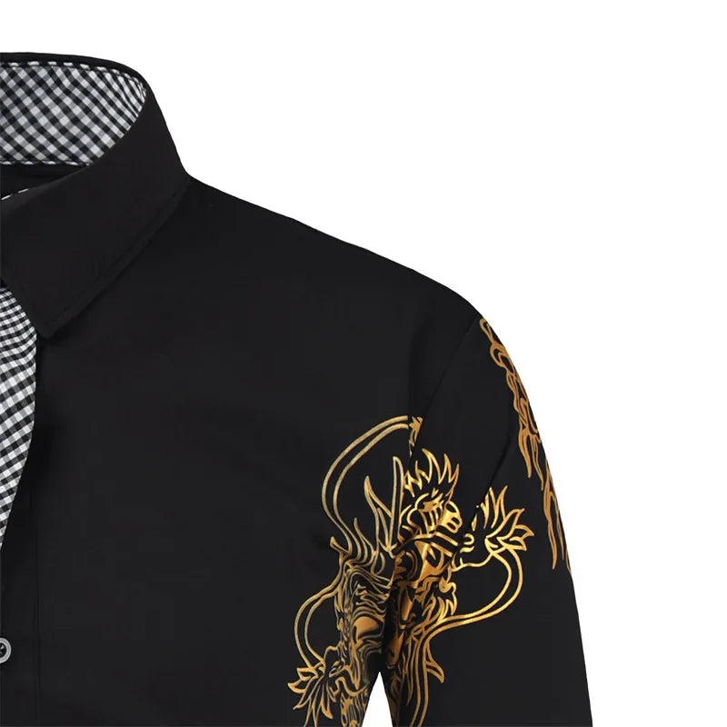 2024 Men's Brand Shirt, Luxury Gold High Quality Long Sleeve Shirts, Business White Black Men Dress Prom Social Print Shirts