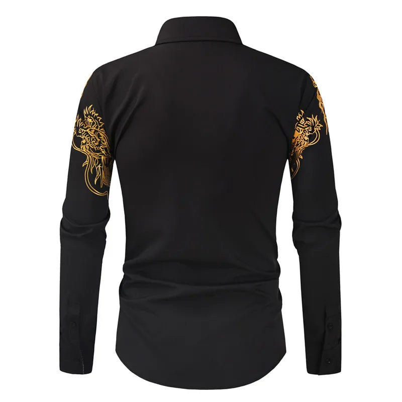 2024 Men's Brand Shirt, Luxury Gold High Quality Long Sleeve Shirts, Business White Black Men Dress Prom Social Print Shirts