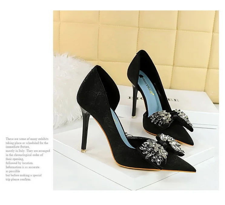 BIGTREE Shoes Rhinestone Bow Women Pumps Luxury Banquet Shoes Sexy High Heels Women Stilettos Party Shoes Large Size 41 42 43