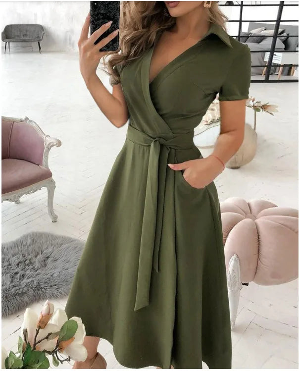 2023 Spring Autumn Dress Women Fashion Solid Slim Pocket Lace Up Dress Women Casual Printed Short Sleeve V-neck High Waist Dress
