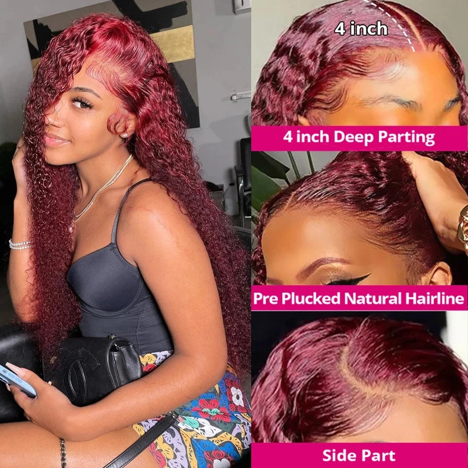 Burgundy Curly 13x6 Hd Lace Frontal Wig Human Hair 100% Brazilian 13x4 Water Deep Wave 99J Red Colored Wig For Women 30 40 Inch