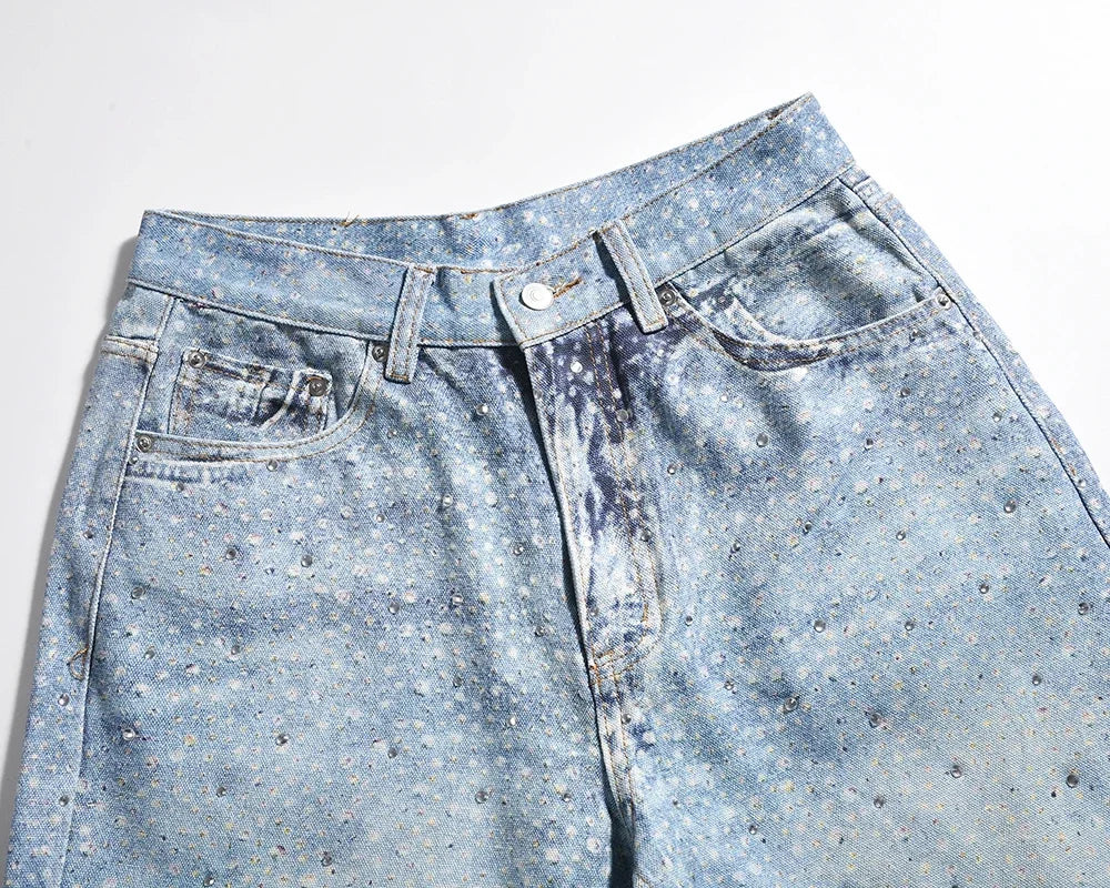 Full Rhinestone Print Washed Blue Baggy Jeans Mens and Women Ropa Hombre Streetwear Solid Casual Denim Trousers Loose Cargos