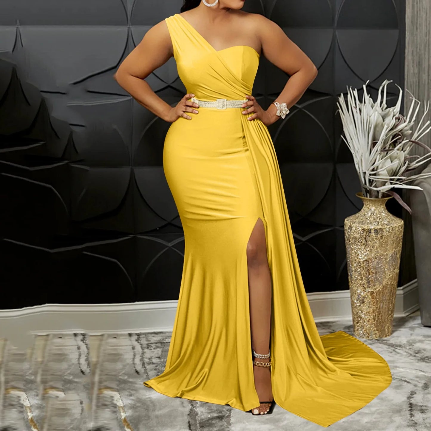 Yellow Women Sexy Bodycon Dresses Elegant One Shoulder Formal Party Event Evening Dress Female Side Slit African Gowns Vestidos