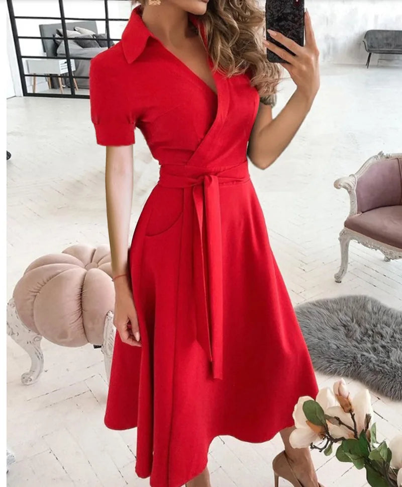 2023 Spring Autumn Dress Women Fashion Solid Slim Pocket Lace Up Dress Women Casual Printed Short Sleeve V-neck High Waist Dress