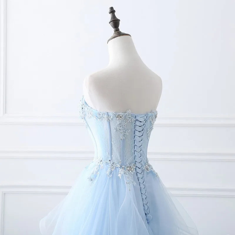 New light blue sweat long lady girl women princess prom banquet party wedding bridal dress gown