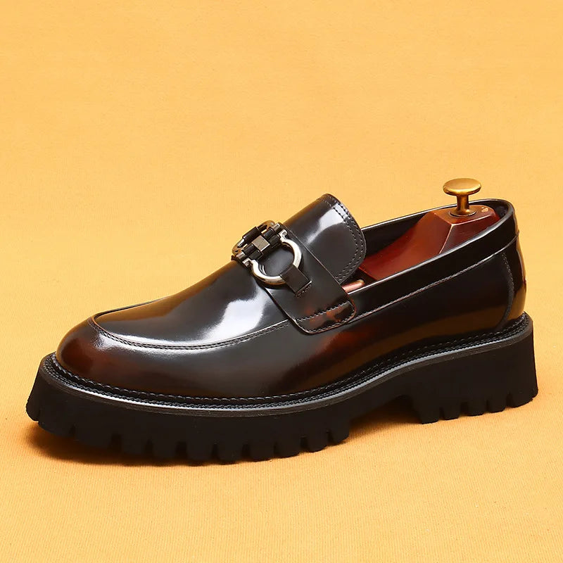 cow leather British loafers men glossy leather business casual Heightenin shoes non slip tire soles dress shoes Round toe shoes