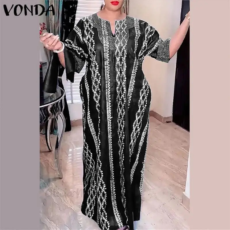 2025 VONDA Printed Maxi Dresses Vintage Women Bohemian Vestidos Casual 3/4 Sleeve Sundress Oversize Simple Elegant Long Robe