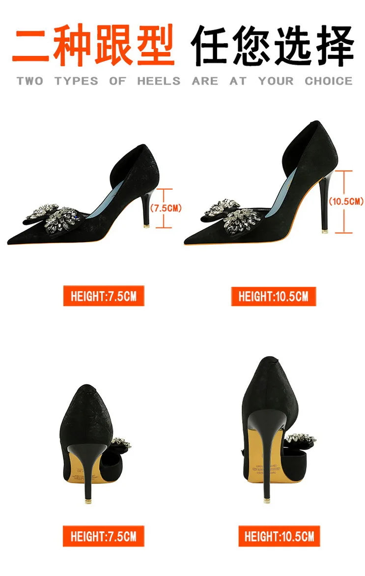 BIGTREE Shoes Rhinestone Bow Women Pumps Luxury Banquet Shoes Sexy High Heels Women Stilettos Party Shoes Large Size 41 42 43
