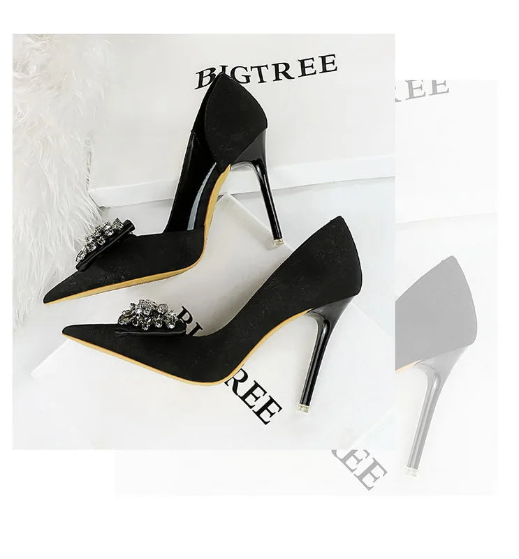 BIGTREE Shoes Rhinestone Bow Women Pumps Luxury Banquet Shoes Sexy High Heels Women Stilettos Party Shoes Large Size 41 42 43