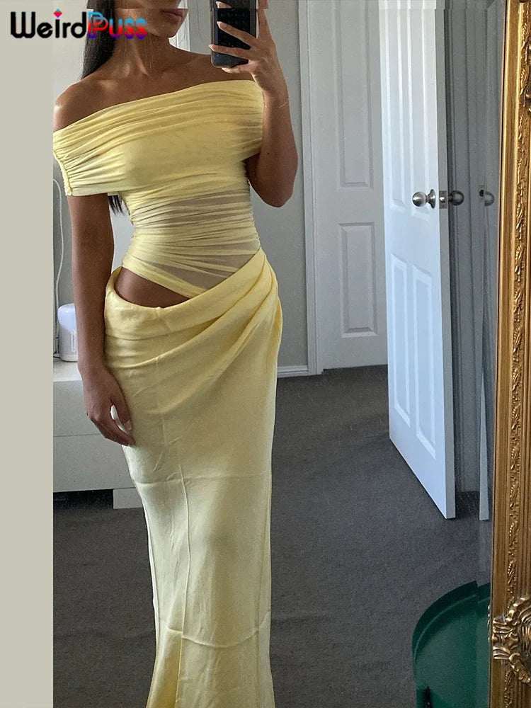 Weird Puss Ruched Irregular Dress Women Mesh Patchwork Slash Neck Short Sleeve Skinny Stretch Trend Elegant Long Bodycon Outfits