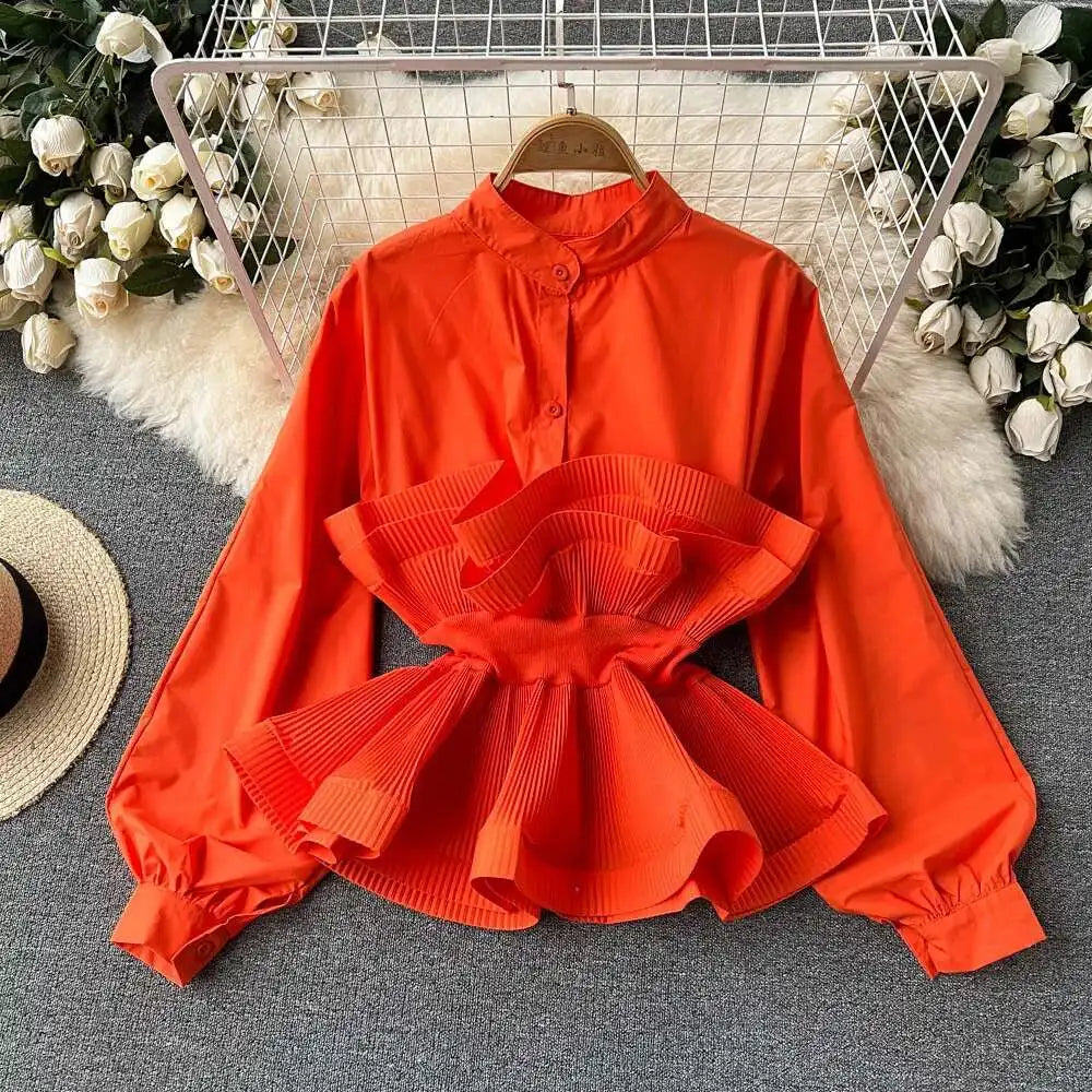 XFPV Women Puff Sleeve Pleated Ruffle Solid Casual Blouse Patchwork Y2k Top Slim Waist Shirt Sweet Summer Spring 2025 SM2983
