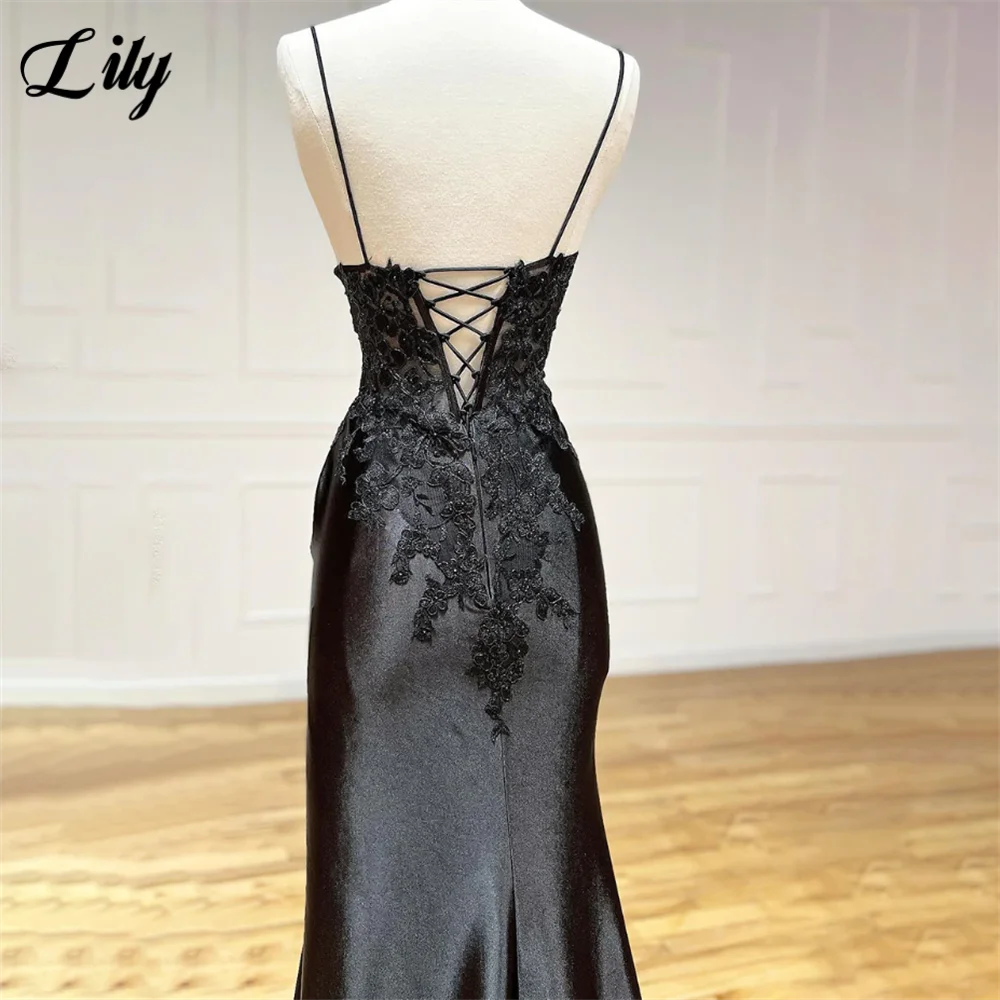 Lily Spaghetti Strap Black Prom Dress Mermaid Sexy Celebrity Dresses Women's Evening Dress Appliques Lace Formal Gown Customized
