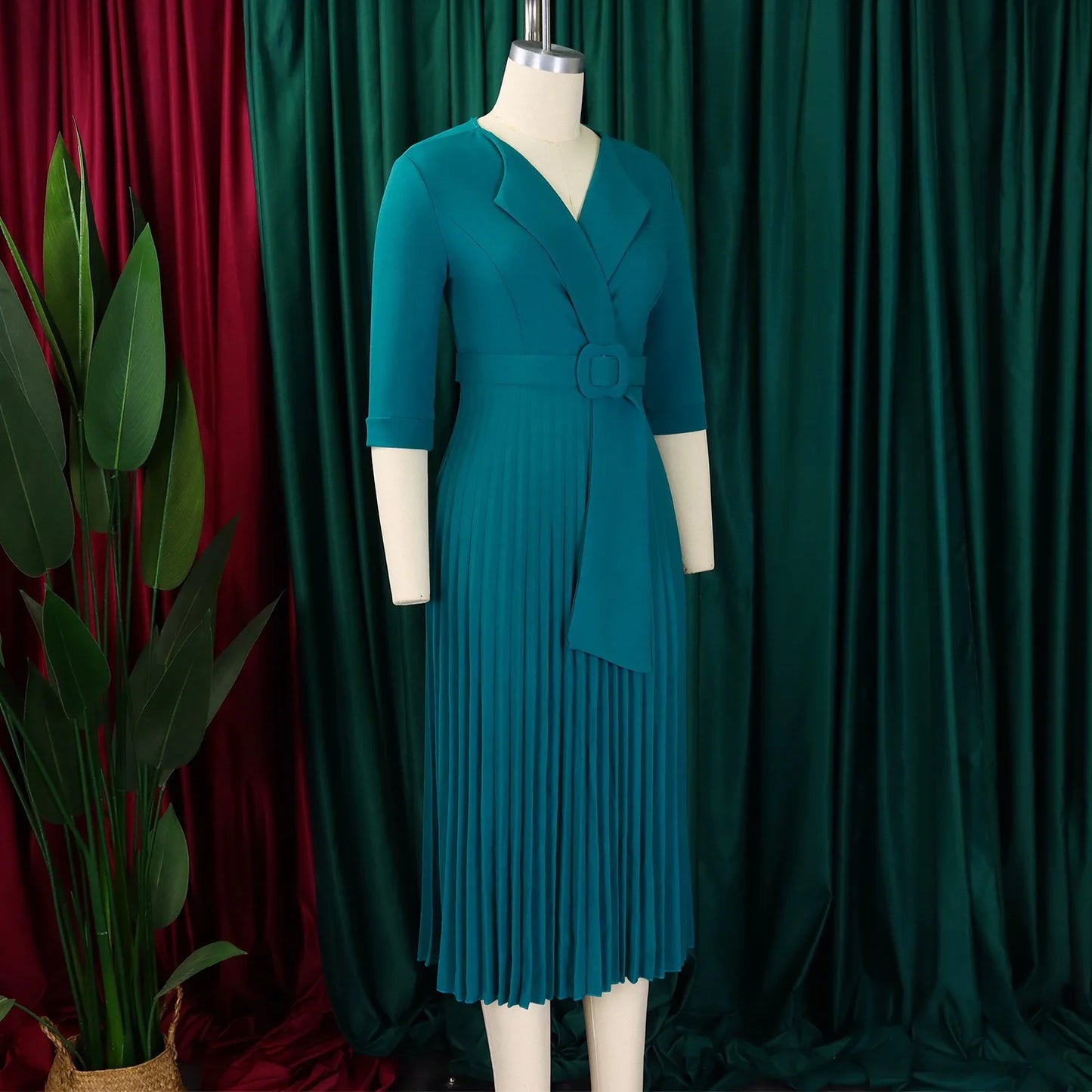 Elegant Office Ladies Dresses 2024 Autumn Fall Notched Collar Half Sleeve Belt Waisted Mid Calf Female Birthday Party Dress Midi