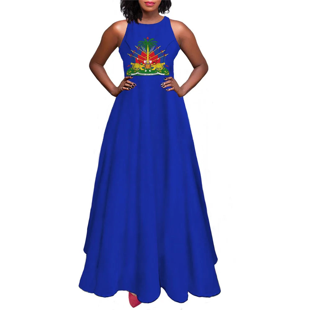 Haiti Flag Print Luxury Designer Women Summer Spring Maxi Dress Ladies Sexy Sundress Casual Sleeveless Long Woman Dresses Mujer