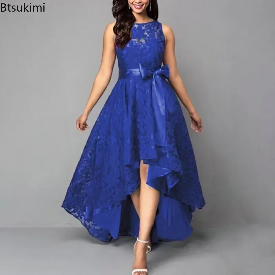 2025 Women's Wedding Bridesmaid Dress Elegant Lace Evening Sweet Party Dress Plus Size Slim High Waist Bow Maxi Dresses Female