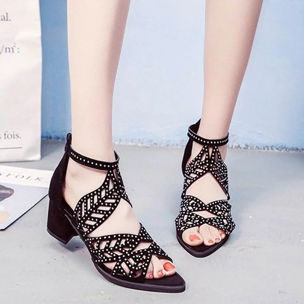 2022 New Style Women Summer Hollow Out Faux Leather Rhinestones Thick Heel Zipper Sandals Shoes Eur 35-41