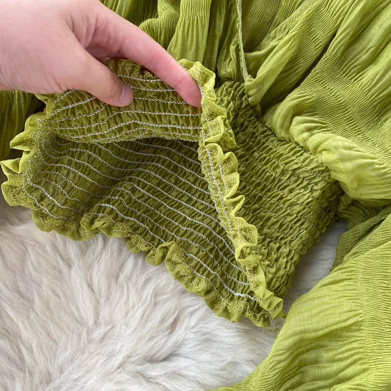 Women Sexy Chiffon Short Blouse Female See Through Super Long Sleeve Blusas Purple/Green/Black/White Folds Party Tops 2022 New