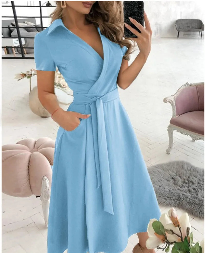 2023 Spring Autumn Dress Women Fashion Solid Slim Pocket Lace Up Dress Women Casual Printed Short Sleeve V-neck High Waist Dress