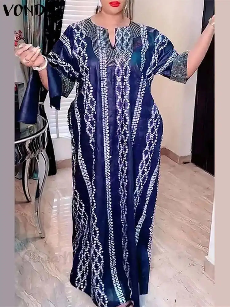 2025 VONDA Printed Maxi Dresses Vintage Women Bohemian Vestidos Casual 3/4 Sleeve Sundress Oversize Simple Elegant Long Robe