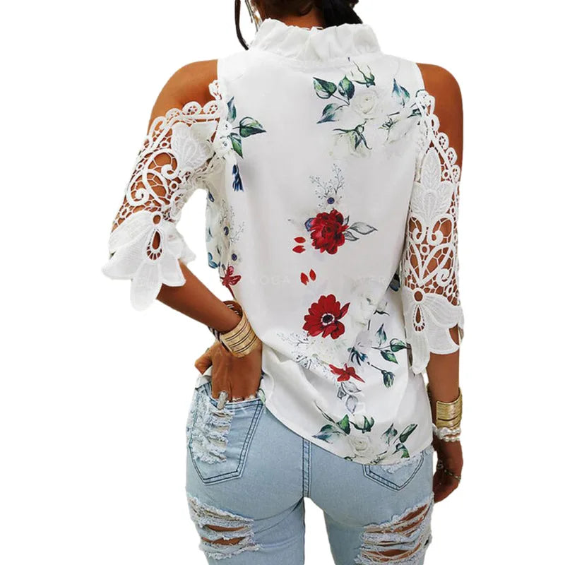 Summer Female Strapless Tops Casual Sexy Hollow Flower Printed Women Blouse Elegant V-Neck Short Sleeve Lace Shirt Blusas 19361