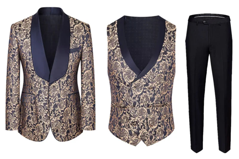 Men High Quality Wedding Jacquard Suits Fashion Male Business Social Dance Party Dress Blazers and Pant with Vest