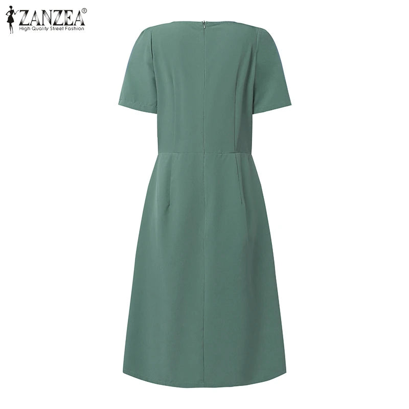 Elegant Pleated Dress ZANZEA Summer O Neck Short Sleeve Sundress Women Stylish Casual Work Party Vestidos Solid Knee Length Robe