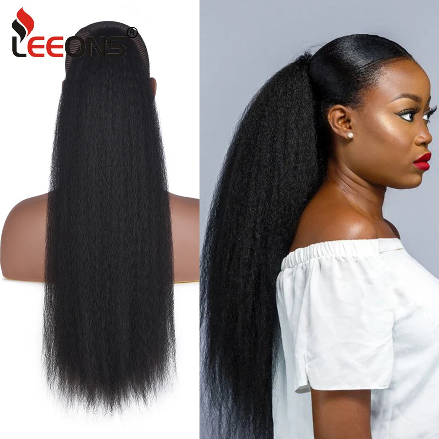 22 Inches Black Kinky Straight Ponytail Extension Synthetic Drawstring Ponytail For Black Women Yaki Pony Tails Hair Extensions