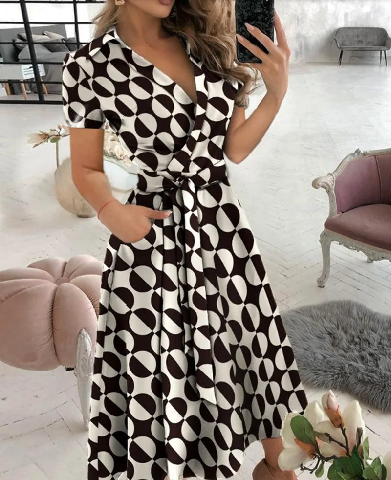 2023 Spring Autumn Dress Women Fashion Solid Slim Pocket Lace Up Dress Women Casual Printed Short Sleeve V-neck High Waist Dress