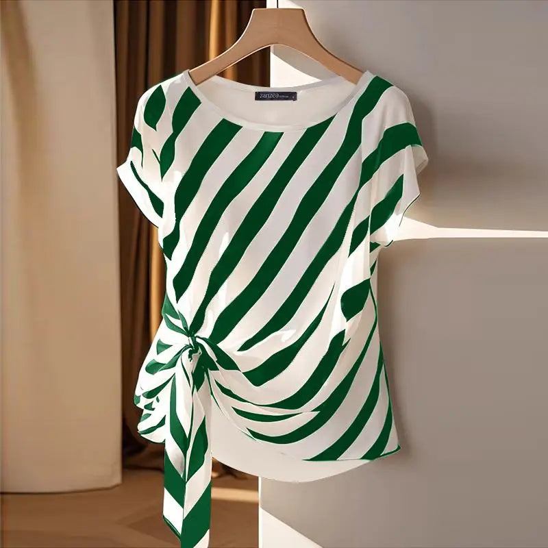 ZANZEA 2025 Korean Striped Printed Tops Fashion Short Sleeve Blouse Holiday Summer HolidayLoose Belted Tunic Casual Simple Tops