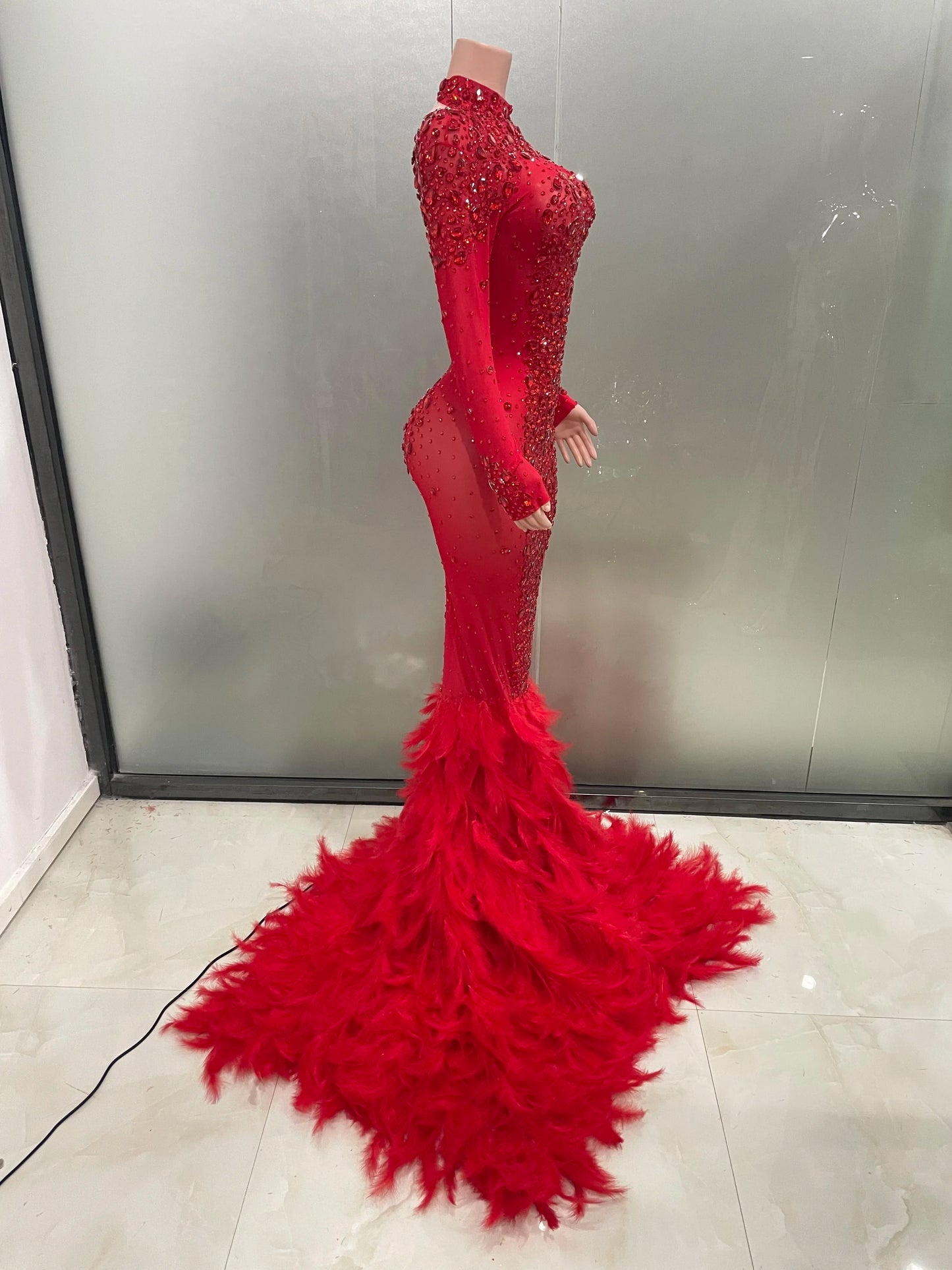 Luxury Sparkling Red Crystals Feathers Mermaid Long Sleeve Maxi Dress Women Formal Occasions Wedding Celebrate Party Prom Gown