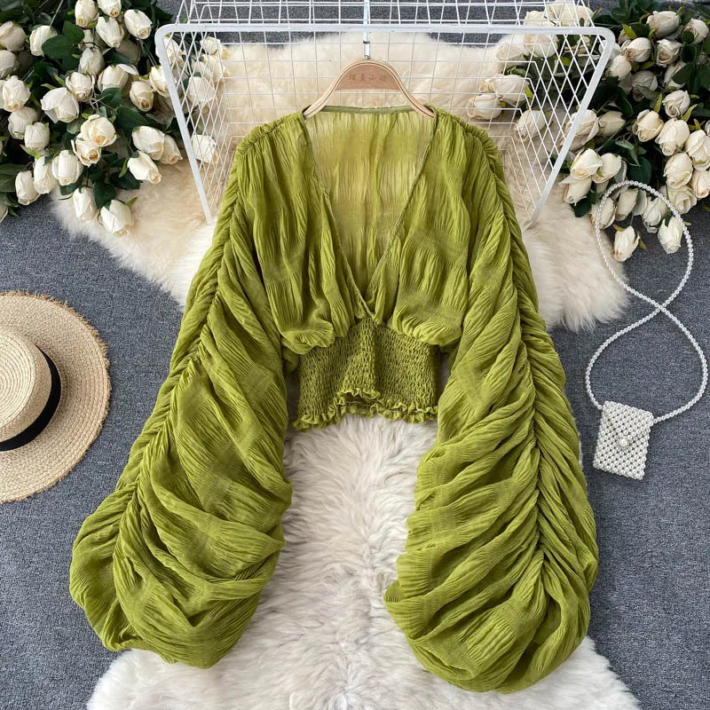 Women Sexy Chiffon Short Blouse Female See Through Super Long Sleeve Blusas Purple/Green/Black/White Folds Party Tops 2022 New