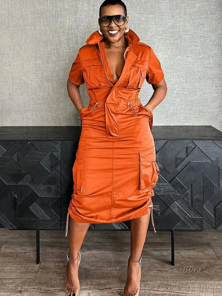 Streetwear Multi Pockets Cargo Dress Sexy Women Turn Down Collar Elegant Club Party Skater Dress Vestidos