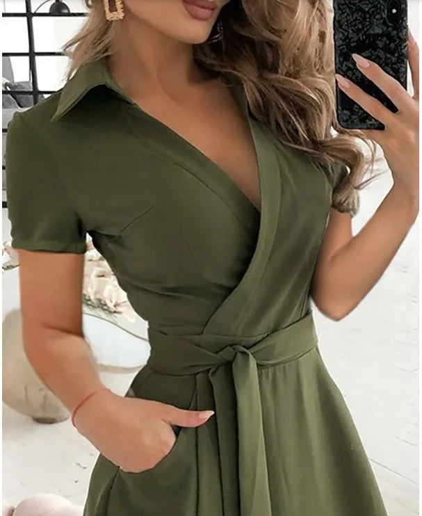 2023 Spring Autumn Dress Women Fashion Solid Slim Pocket Lace Up Dress Women Casual Printed Short Sleeve V-neck High Waist Dress