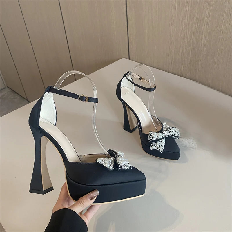 Liyke Ins Style Pearl Butterfly-Knot Women High Heels Sandals Sexy Thick Bottom Pointed Toe Platform Pumps Wedding Banquet Shoes